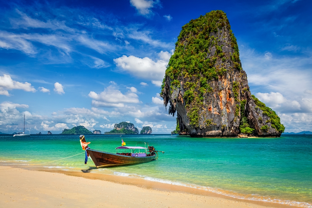 Thailand,Tropical,Vacation,Concept,Background,-,Long,Tail,Boat,On